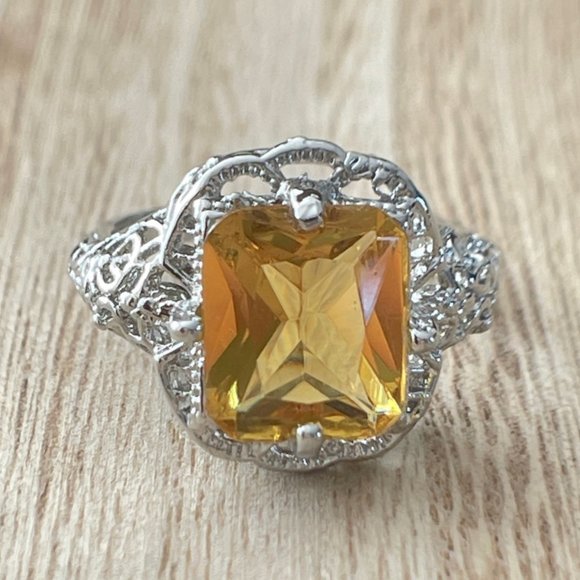 Radiant Cut Citrine Art Deco Filigree Ring - 925 Sterling Silver - Picture 1 of 5